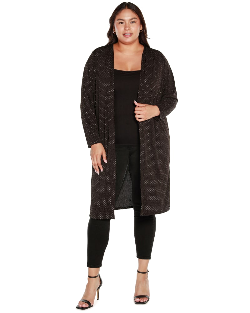 Front of a model wearing a size 1X Plus Size Textured Metallic Print Cardigan in Black by Belldini Black Label. | dia_product_style_image_id:319171